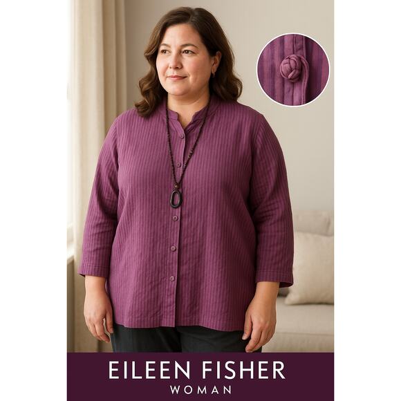 Eileen Fisher Silk Crinkle Mandarin Collar Tunic top Purple 2X Minimalist Artsy - Picture 1 of 11